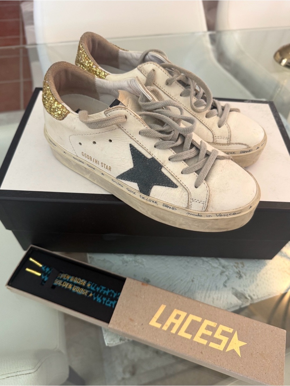 Golden Goose White Leather Sneakers with Black Star & Gold Glitter Heel